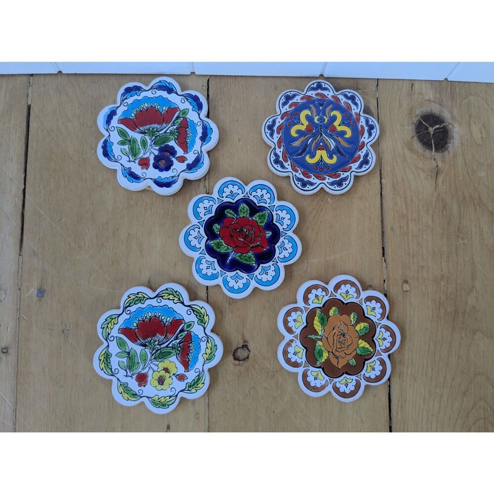 5 Pcs Turkish Ceramic Coasters, Colorful, Iznik Style Floral Designs - 4"